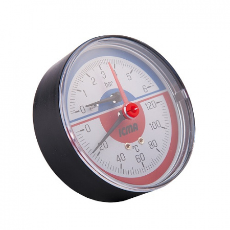 Термоманометр аксиальный ICMA 259 - 1/2* (D-80 мм, шкала 0-10 бар / 0-120 °C, с запорным клапаном)